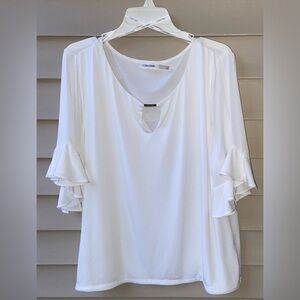 NWOT Sz-L Calvin Klein’s Classic Sheik Cool White Ruffle Sleeve Top-Comfortable🤍